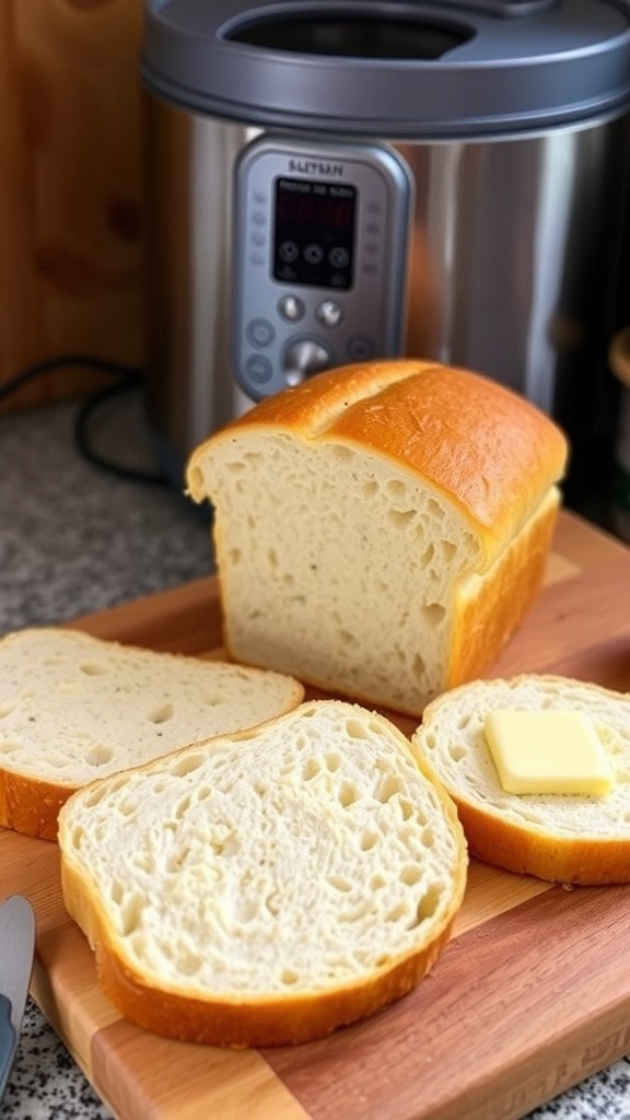 1.5 lbs Bread Machine White Bread Recipe Freshly baked white bread loaf sliced on a wooden board with butter.